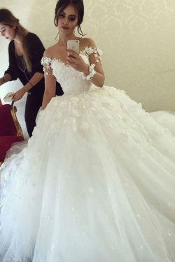 2018 Vestido de novia A-Line Tulle con flores hechas a mano y perlas mangas largas US$ 339.99 VE ...