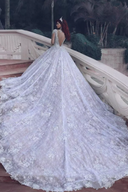 2018 Vestidos de boda de lujo una línea cuello de la cucharada con Applique y tren de la catedra ...