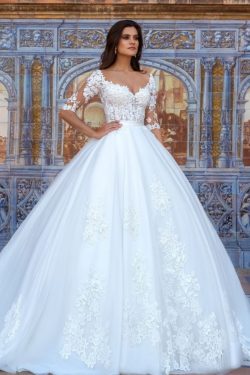 2019 vestidos de boda del cuello en V de mitad de longitud de las mangas de tul con apliques US$ ...