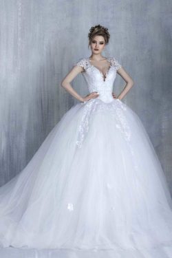 2018 vestidos de boda del vestido de bola de apliques de manga corta de tul con la cucharada US$ ...