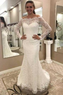 Chic Off the Shoulder Long Sleeves Lace Appliques Sweep Train Wedding Dresses W452