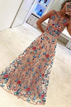 A Line Floral Scoop Sleeveless Prom Dresses with Embroidery, Long Formal Dresses UK on sale – Pr ...