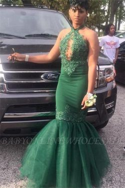 Dark Green Halter Appliques Mermaid Evening Gowns | Elegant Keyhole Sleeveless Tulle Prom Dresse ...