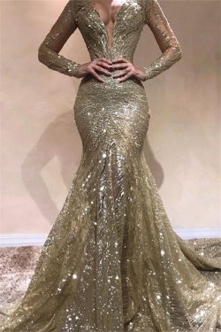 Elegante Abendkleider Mit Ärmel | Abendkleid Gold Mit Glitzer