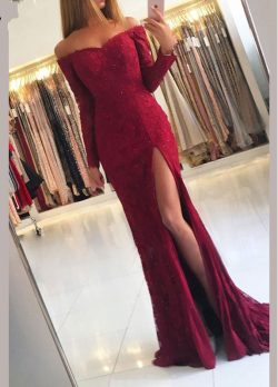 Fashion Abendkleider Spitze Mit Ärmel | Rotes Abendkleid Lang Günstig