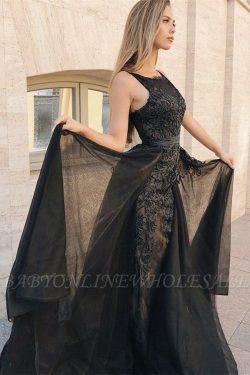 Sexy Mermaid Sleeveless Evening Gowns | Black Appliques Lace Overskirt Prom Dresses 2019 | www.b ...