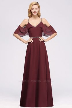 elegant A-line Chiffon V-Neck Spaghetti Straps Sleeveless Floor-Length Bridesmaid Dresses with B ...