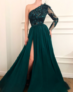 Dunkel Grüne Abendkleider mit Ärmel | Spitze Abendkleid Chiffon