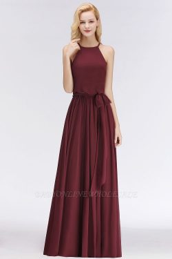 NICOLE | A-line Halter Sleeveless Long Burgundy Ruffles Chiffon Bridesmaid Dresses