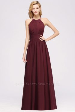 A-line Chiffon Appliques Halter Sleeveless Floor-Length Bridesmaid Dresses with Ruffles