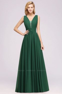 A-Line Chiffon V-Neck Sleeveless Long Bridesmaid Dress with Ruffles | BmBridal