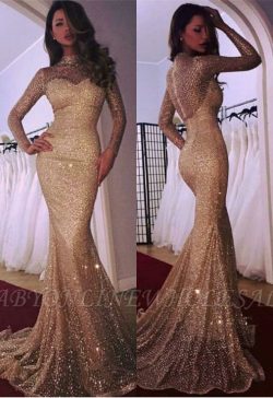 Elegante Abendkleid Gold | Abendkleider Lang Glitzer Mit Ärmel