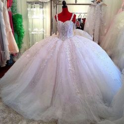 Ceystal Ball-Gown Straps Beading Sparkly Puffy Luxurious Lace Wedding Dress