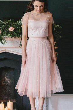 Blush Pink Two Piece Tea Length Tulle Bridesmaid Dresses with Pearls, Homecoming Dresses on sale ...