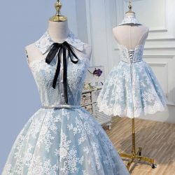 Halter Light Sky Blue Lace Appliques Homecoming Dresses with Lace up, Cocktail Dresses on sale – ...