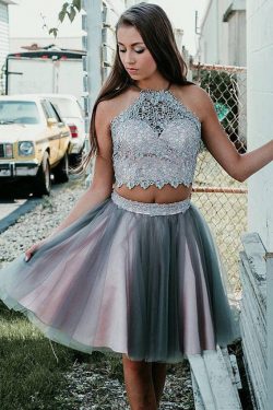 Simple Grey Two Pieces Knee Length Beads Halter Tulle Homecoming Dresses with Appliques on sale  ...