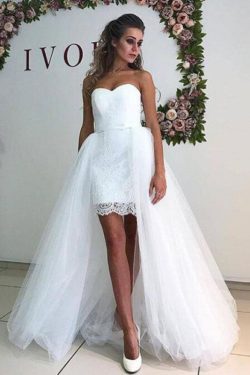 White Tulle Sweetheart Strapless Mermaid Wedding Dresses with Lace Detachable Train on sale – Pr ...