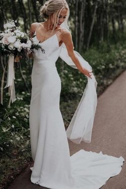 Simple Spaghetti Straps Mermaid Beach Wedding Dresses V Neck Satin Boho Bridal Dresses on sale – ...