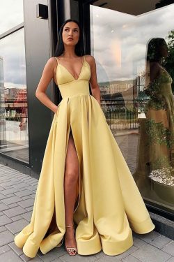 Spaghetti Straps V Neck Yellow Prom Dresses with Pockets High Slit – PromDress.me.uk