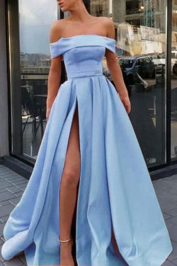 A Line Off the Shoulder Satin High Slit Yellow Prom Dresses, Long Formal Dresses on sale – PromD ...