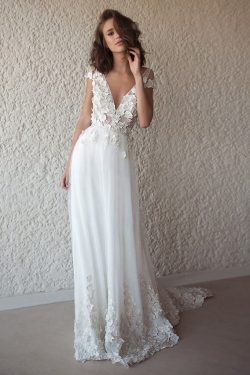 A Line Tulle Lace Appliques Wedding Dresses Short Sleeve Backless V Neck Bridal Dress on sale –  ...