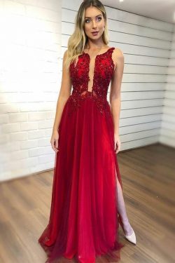 Schlichte Abedendkleider Lang Rot | Chiffon Abendmoden mit Spitze