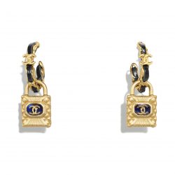 Metal, calfskin, diamanté resin Gold, Black Blue Earrings | CHANEL