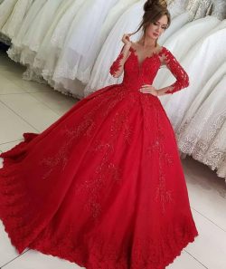 Luxus Rote Hochzeitskleider mit Ärmel | Brautkleider Prinzessin Spitze