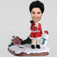 Custom young women wearing Christmas res dress bobble heads