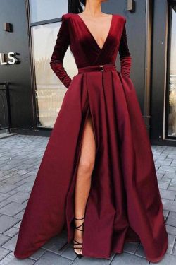 A line Long Sleeve Burgundy Prom Dresses Satin Deep V Neck High Slit Evening Dress JS650