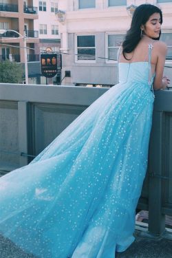 Charming A Line Spaghetti Straps Blue Tulle Prom Dresses with Stars – PromDress.me.uk