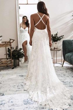 Elegant A Line V Neck Lace Ivory Beach Wedding Dresses with Slit – PromDress.me.uk