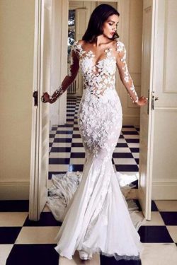 Long Sleeve See Through Mermaid Tulle Wedding Dresses Lace Appliques – PromDress.me.uk