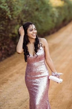 Sparkly Spaghetti Straps Rose Gold V Neck Prom Dresses with Sequins – PromDress.me.uk