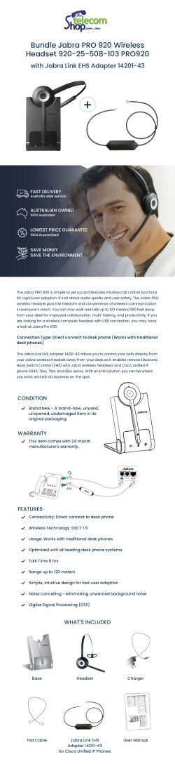 Buy Jabra Pro 920 Wireless Headset with Jabra Link EHS Adapter from The Telecom Shop PTY Ltd