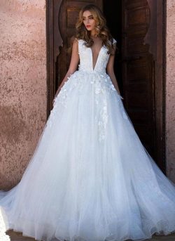 Schlichtes Brautkleid A Linie | Hochzeitskleid Prinzessin Glitzer Tüll