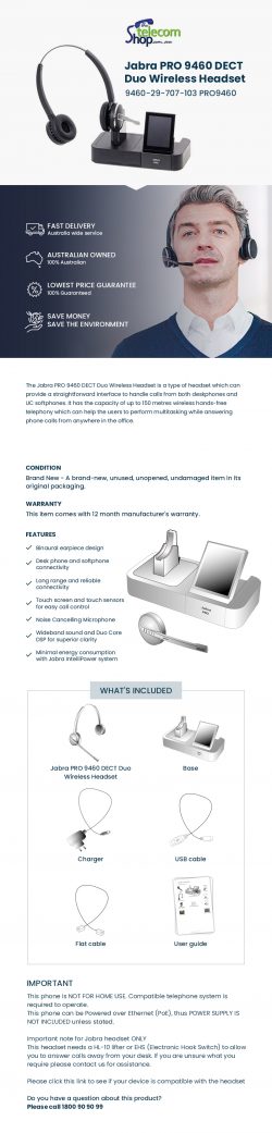 Order Jabra Pro 9460 Dect Duo Wireless Headset Online from The Telecom Shop PTY Ltd