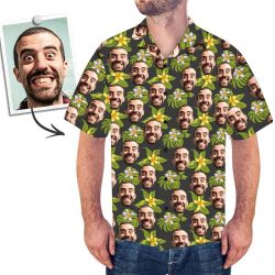 Custom Face Men’s Hawaiian Shirt Green Flowers