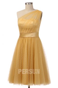 Robe de cocktail mi-longue jaune plumetis asymétrique