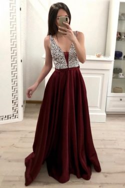 Designer Abendkleider Weinrot | Abendmoden Abiballkleid V Ausschnitt