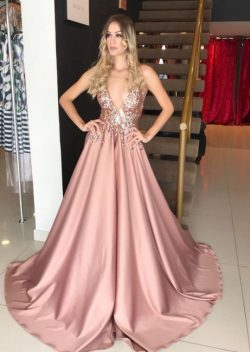 Abendkleid Lang V Ausschnitt | Rosa Abiballkleider Glitzer