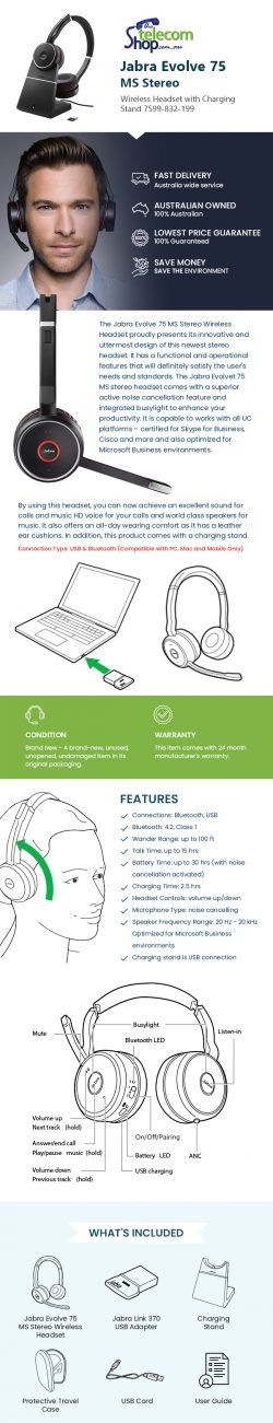 Buy Jabra Evolve 75 MS Stereo Wireless Headset Online from The Telecom Shop PTY Ltd