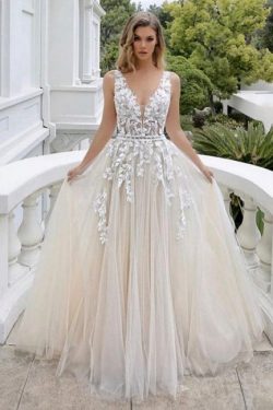 Brautkleid A linie V Ausschnitt | Schöne Hochzeitskleider mit Spitze