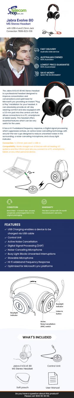 Buy Jabra Evolve 80 MS Stereo Headset with USB-A and 3.5mm Jack Connection from The Telecom Shop ...