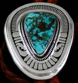 LEONARD NEZ PILOT MOUNTAIN SPIDERWEB TURQUOISE OVERLAY BOLO TIE