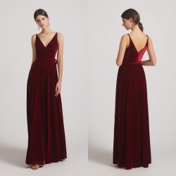 Spaghetti Straps Velvet Wrap Bridesmaid Dresses With Waist Tie