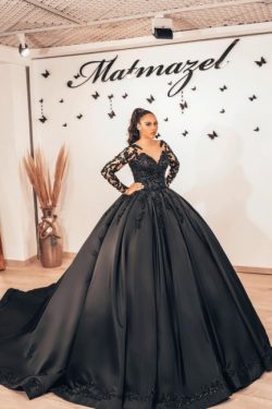 Schwarze Brautkleider mit armel | Prinzessin Hochzeitskleider Spitze