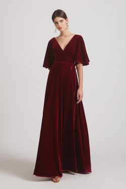 Velvet Maxi Bridesmaid Dresses With Elbow Length Flutter Sleeves