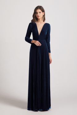 Illusion V Neck Long Sleeve Velvet Bridesmaid Dresses