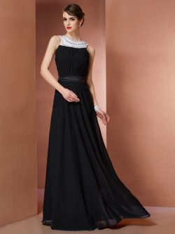 Ärmelloses Perlenbesetztes Empire Taille Anständiges Abendkleid aus Chiffon – MeKleid.de